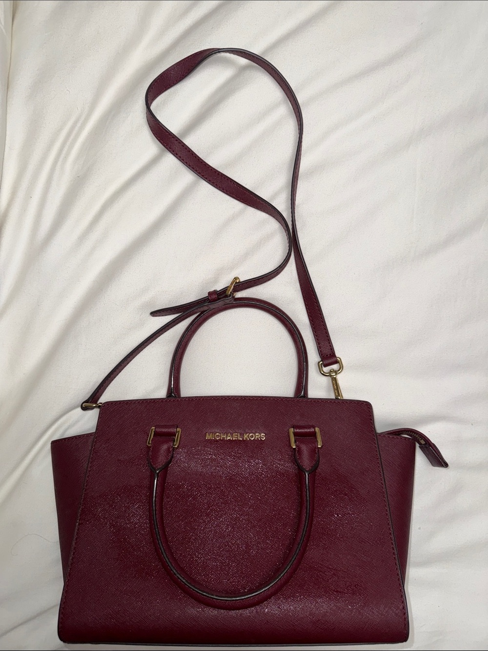 Michael Kors Wine Saffiano Leather Satchel with Strap